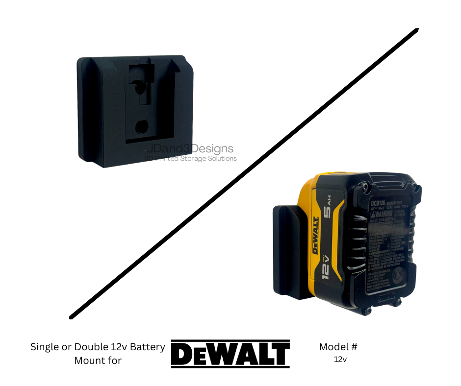 MOUNT for 12v Dewalt Battery- Wall Mount for 12v Dewalt Battery/ Battery Cover- Single or Double Slot